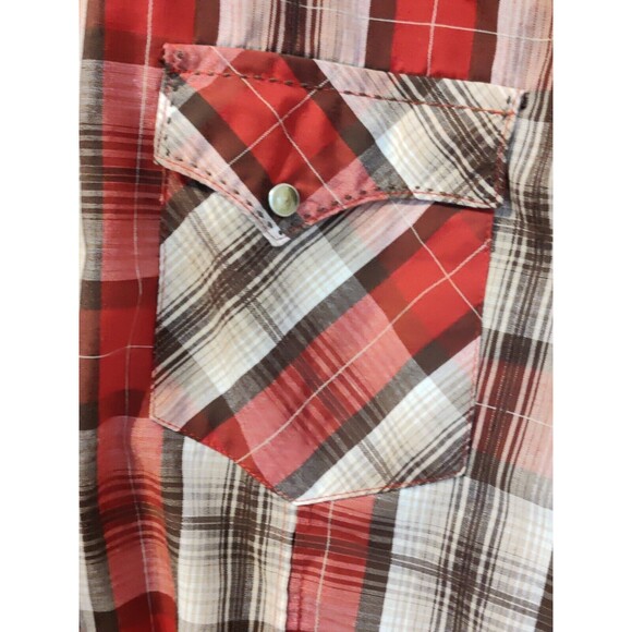 Vintage Men's Wrangler Red Tan Plaid Pearl Snap Long Sleeve Shirt - XL - Picture 2 of 10